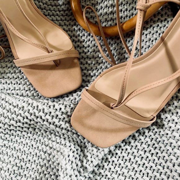 New๐ฅ Nude Thong Leg Wrap Lace Up Gladiator Sandal Square Open Toe Stiletto Heel - Picture 8 of 10